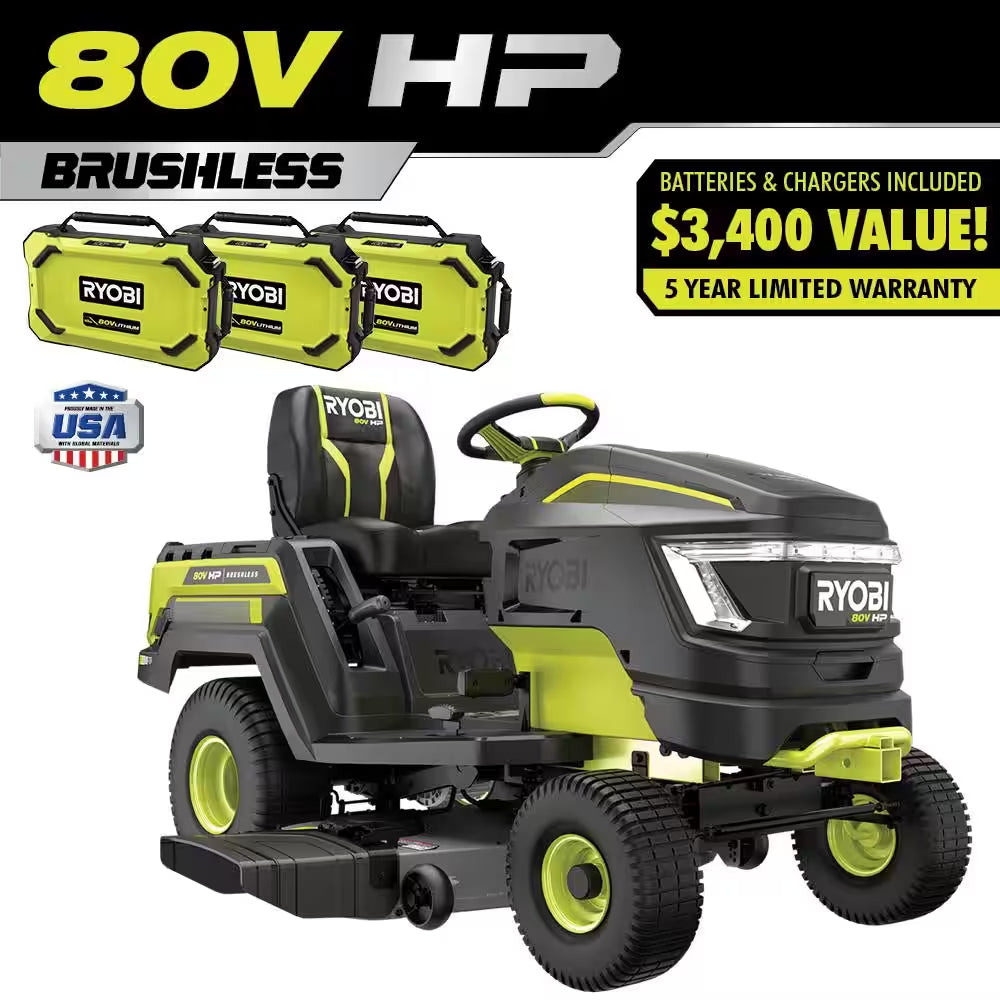 RYOBI 80V HP Brushless 42-Inch Battery Electric Cordless Riding Lawn Tractor with (3) 10Ah Batteries and Charger