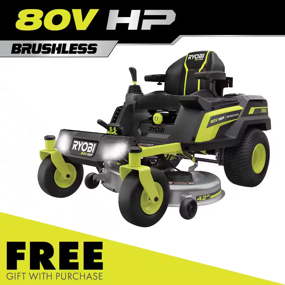 RYOBI 80V HP Brushless 42-Inch Battery Electric Cordless Zero Turn Riding Mower with (2) 80V and (2) 40V Batteries and Charger