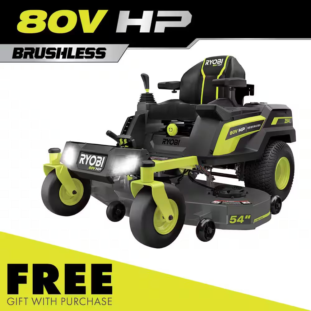 RYOBI 80V HP Brushless 54-Inch Battery Electric Cordless Zero Turn Riding Mower with (3) 80V and (4) 40V Batteries and Charger