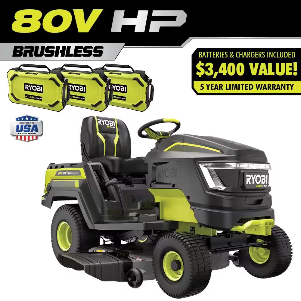 RYOBI 80V HP Brushless 42-Inch Battery Electric Cordless Riding Lawn Tractor with (3) 10Ah Batteries and Charger