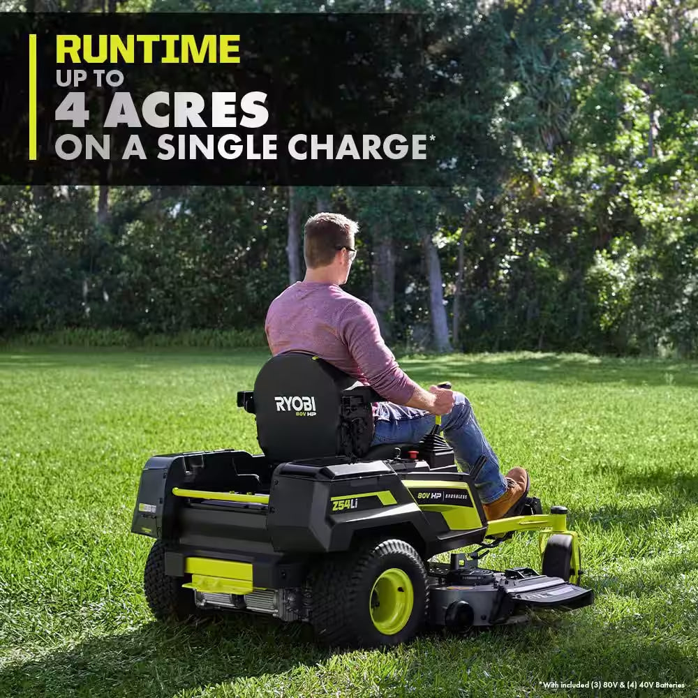 RYOBI 80V HP Brushless 54-Inch Battery Electric Cordless Zero Turn Riding Mower with (3) 80V and (4) 40V Batteries and Charger