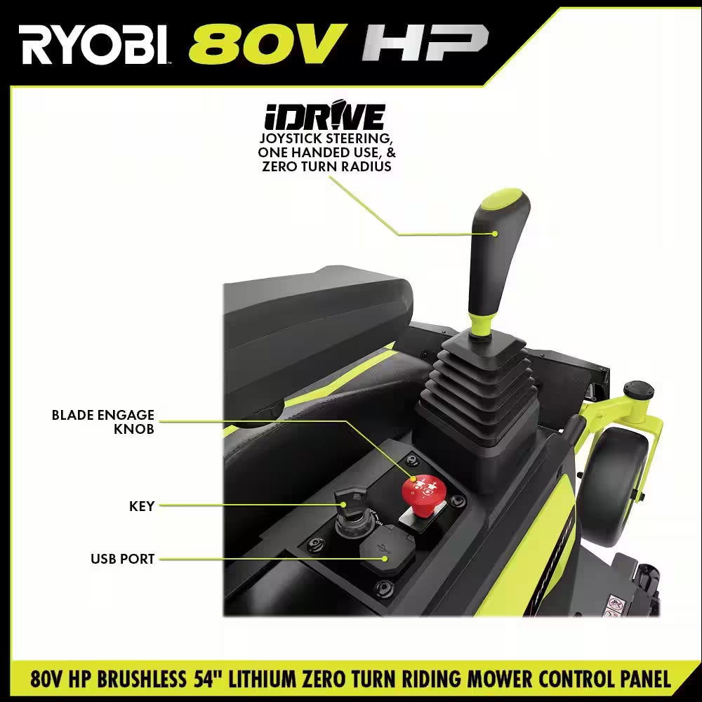 RYOBI 80V HP Brushless 54-Inch Battery Electric Cordless Zero Turn Riding Mower with (3) 80V and (4) 40V Batteries and Charger