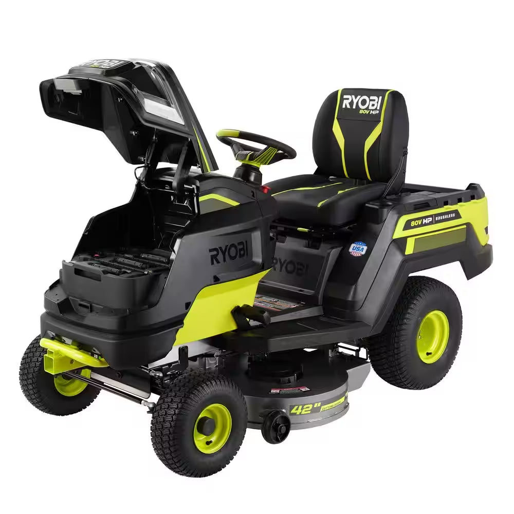 RYOBI 80V HP Brushless 42-Inch Battery Electric Cordless Riding Lawn Tractor with (3) 10Ah Batteries and Charger
