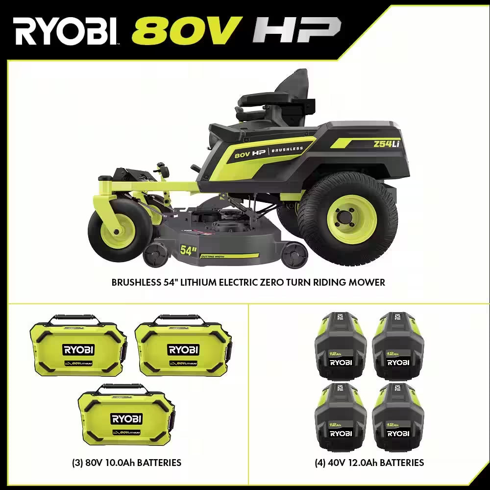 RYOBI 80V HP Brushless 54-Inch Battery Electric Cordless Zero Turn Riding Mower with (3) 80V and (4) 40V Batteries and Charger