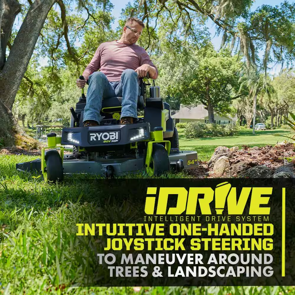 RYOBI 80V HP Brushless 54-Inch Battery Electric Cordless Zero Turn Riding Mower with (3) 80V and (4) 40V Batteries and Charger