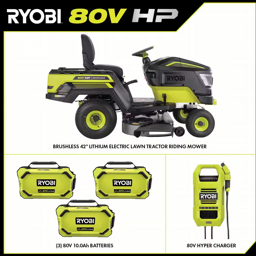 RYOBI 80V HP Brushless 42-Inch Battery Electric Cordless Riding Lawn Tractor with (3) 10Ah Batteries and Charger