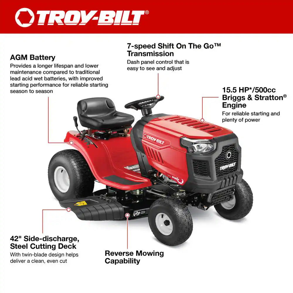 Troy-Bilt Pony 42-Inch 15.5 HP Briggs & Stratton 7-Speed Manual Drive Gas Front Engine Riding Lawn Tractor