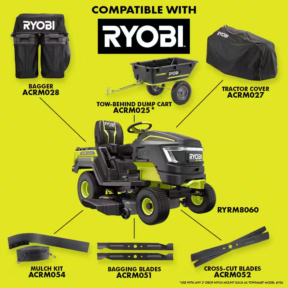 RYOBI 80V HP Brushless 42-Inch Battery Electric Cordless Riding Lawn Tractor with (3) 10Ah Batteries and Charger